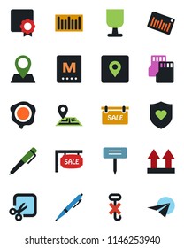 Color and black flat icon set - stamp vector, plant label, heart shield, navigation, pin, fragile, up side sign, no hook, barcode, sd, cut, place tag, sertificate, pen, sale, menu, paper plane