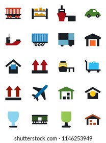 Color and black flat icon set - plane vector, baggage trolley, railroad, sea shipping, truck trailer, car delivery, port, consolidated cargo, fragile, warehouse storage, up side sign, rack
