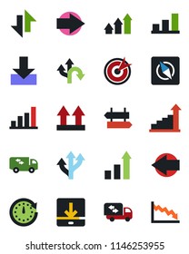 Color and black flat icon set - signpost vector, right arrow, left, growth statistic, route, up side sign, data exchange, download, compass, bar graph, moving, target, clock, crisis