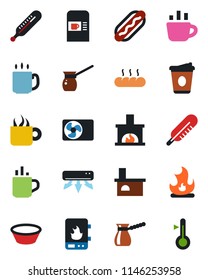 Color and black flat icon set - hot cup vector, coffee machine, fire, fireplace, thermometer, air conditioner, bread, dog, bowl, turkish, water heater