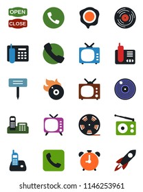 Color and black flat icon set - alarm clock vector, phone, stamp, plant label, reel, vinyl, flame disk, radio, tv, call, office, open close, rocket