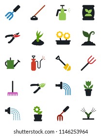 Color and black flat icon set - job vector, flower in pot, garden fork, farm, rake, watering can, sproute, pruner, hoe, sprayer, fertilizer, irrigation