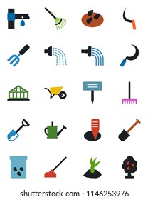 Color and black flat icon set - garden fork vector, shovel, rake, watering can, wheelbarrow, sproute, hoe, sickle, plant label, greenhouse, seeds, drip irrigation, fruit tree