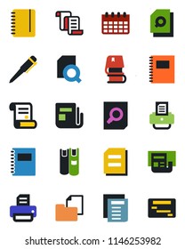 Color and black flat icon set - contract vector, document search, pen, notepad, calendar, printer, folder, news, copybook, book, schedule