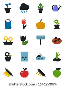 Color and black flat icon set - flower in pot vector, seedling, watering can, sproute, rain, plant label, pumpkin, seeds, tulip, oil barrel, pond, rolling pin, apple fruit