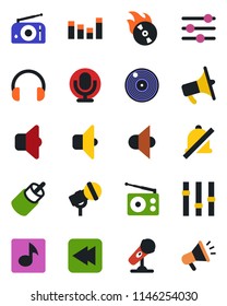 Color and black flat icon set - vinyl vector, flame disk, microphone, radio, speaker, loudspeaker, settings, equalizer, headphones, rewind, rca, tuning, mute, music, sound, advertising