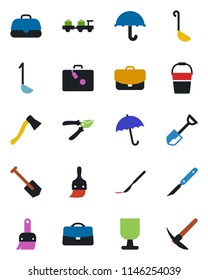Color and black flat icon set - suitcase vector, umbrella, baggage larry, job, shovel, bucket, pruner, axe, scalpel, fragile, themes, case, ladle, hard work