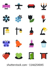 Color and black flat icon set - butterfly vector, garden light, heart, tulip, themes, bell, desk lamp, cushioned furniture, restaurant table, candle, snowflake, outdoor, door, pennon