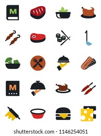 Color and black flat icon set - cafe vector, menu, salad, bacon, waiter, chicken, steak, kebab, hamburger, ladle, bowl, rolling pin, sushi, cheese