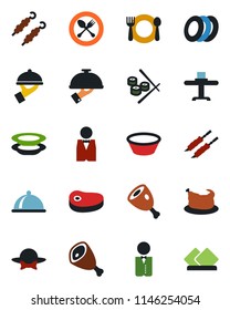 Color and black flat icon set - spoon and fork vector, waiter, dish, restaurant table, cafe, plates, dress code, chicken, steak, kebab, ham, bowl, sushi, serviette