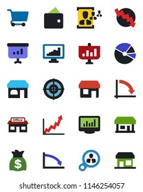 Color and black flat icon set - shop vector, money bag, crisis graph, store, monitor statistics, pie, hr, target, consumer search, wallet, growth, cart, presentation, storefront