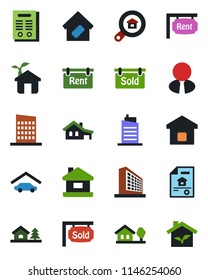 Color and black flat icon set - office building vector, contract, house, with garage, tree, estate document, rent, sold signboard, search, agent, smart home, city, eco