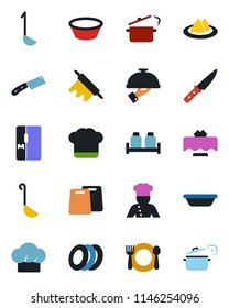 Color and black flat icon set - fridge vector, cook, restaurant table, serviette, cafe, hat, plates, waiter, salt and pepper, ladle, bowl, rolling pin, cutting board, knife, steaming pan