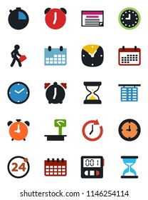 Color and black flat icon set - 24 around vector, alarm clock, flight table, calendar, heavy scales, stopwatch, manager, schedule, sand