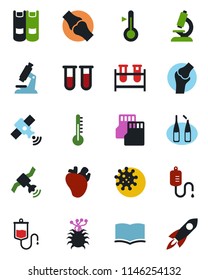 Color and black flat icon set - book vector, blood test vial, dropper, microscope, ampoule, real heart, joint, virus, satellite, sd, thermometer, rocket