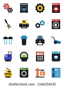 Color and black flat icon set - washer vector, gear, lawn mower, ripper, tomography, printer, copier, crane, water filter, combination lock