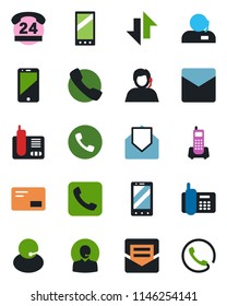 Color and black flat icon set - phone vector, mobile, office, 24 hours, support, cell, radio, mail, call, data exchange