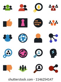 Color and black flat icon set - female vector, team, brainstorm, network, group, finger up, down, user, company, client search, consumer, social media