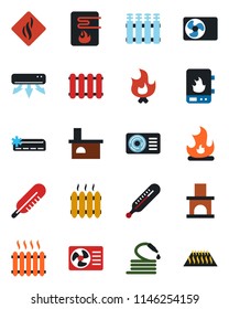 Color and black flat icon set - fire vector, hose, fireplace, thermometer, heater, air conditioner, water, smoke detector, radiator, warm floor