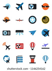 Color and black flat icon set - plane vector, airport tower, radar, departure, seat map, globe, air conditioner, fan, paper, balloon
