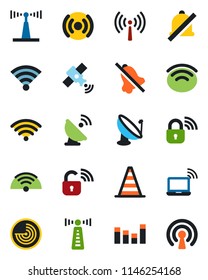 Color and black flat icon set - antenna vector, wireless notebook, border cone, radar, satellite, equalizer, mute, lock