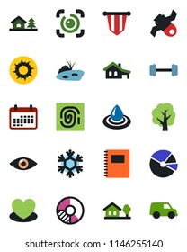 Color and black flat icon set - pennant vector, circle chart, tree, sun, heart, barbell, eye, satellite, id, copybook, pie graph, house with garage, pond, snowflake, water, fingerprint, calendar