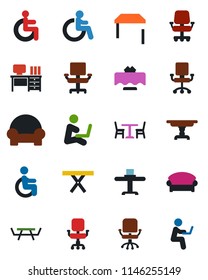 Color and black flat icon set - cafe vector, waiting area, disabled, office chair, desk, picnic table, cushioned furniture, restaurant, man with notebook