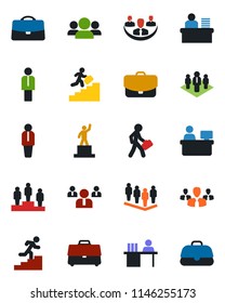 Color and black flat icon set - manager vector, pedestal, team, place, case, company, desk, career ladder, group
