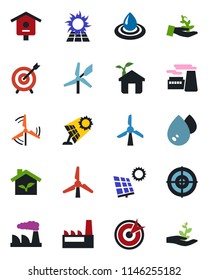 Color and black flat icon set - factory vector, bird house, target, sun panel, windmill, eco, water, palm sproute