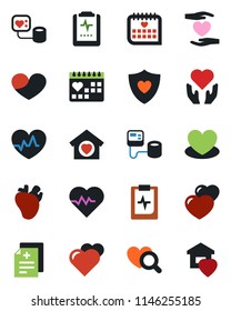 Color and black flat icon set - heart vector, pulse, diagnosis, blood pressure, diagnostic, shield, hand, real, medical calendar, clipboard, sweet home