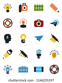 Color and black flat icon set - automatic door vector, brainstorm, bulb, camera, pencil, fence, rolling pin, energy saving, shining head, idea, paper plane, crisis management