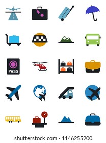 Color and black flat icon set - plane vector, runway, taxi, suitcase, baggage trolley, airport bus, umbrella, passport, ladder car, helicopter, luggage storage, scales, globe, mountains, case