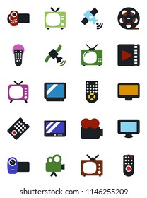 Color and black flat icon set - tv vector, reel, satellite, video camera, remote control, monitor