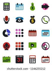 Color and black flat icon set - right arrow vector, calendar, circle chart, microphone, menu, calculator, phone, home message, money bag