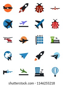 Color and black flat icon set - plane vector, departure, arrival, boarding, helicopter, seat map, globe, airport building, lady bug, rocket, paper, air balloon