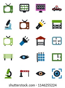 Color and black flat icon set - barrier vector, tv, alarm car, seat map, bench, monitor pulse, microscope, eye, torch, plan, alcove, scan