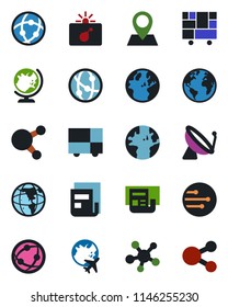 Color and black flat icon set - satellite antenna vector, bomb in case, globe, plane, earth, pin, consolidated cargo, network, share, news, social media