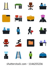 Color and black flat icon set - manager vector, desk, place, ladder, folder, career, cook, office chair, case
