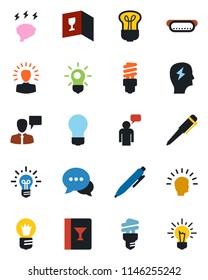 Color and black flat icon set - speaking man vector, pen, brainstorm, bulb, dialog, wine card, hot dog, energy saving, shining head, idea