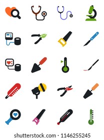 Color and black flat icon set - trowel vector, pruner, saw, stethoscope, blood pressure, thermometer, heart diagnostic, microscope, scalpel, microphone