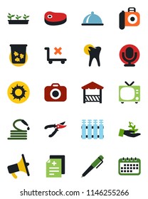 Color and black flat icon set - trash bin vector, tv, pruner, seedling, sun, hose, diagnosis, caries, no trolley, camera, loudspeaker, microphone, pen, dish, alcove, steak, radiator, palm sproute