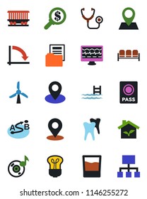 Color and black flat icon set - waiting area vector, passport, crisis graph, monitor pulse, stethoscope, tooth, pin, railroad, route, place tag, music, document folder, pool, drink, eco house, bulb