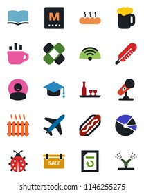 Color and black flat icon set - plane vector, book, graduate, coffee, document reload, lady bug, thermometer, patch, patient, microphone, pie graph, sale, heater, wireless, alcohol, menu, beer