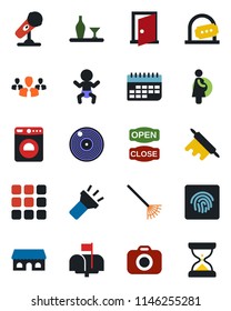 Color and black flat icon set - baby vector, ticket office, washer, rake, pregnancy, term, vinyl, camera, microphone, menu, torch, fingerprint id, mailbox, alcohol, cafe building, open close, door
