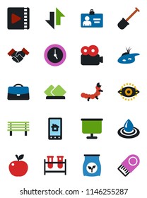 Color and black flat icon set - identity card vector, shovel, bench, caterpillar, fertilizer, blood test vial, clock, data exchange, eye id, video, case, presentation board, handshake, pond, water