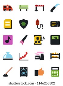 Color and black flat icon set - barrier vector, ticket, reception bell, document, factory, saw, hoe, garden knife, bench, dropper, scales, ambulance car, rack, finger up, music, hr, washer