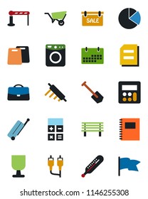 Color and black flat icon set - suitcase vector, barrier, calculator, document, job, wheelbarrow, bench, thermometer, fragile, rca, calendar, case, copybook, pie graph, sale, rolling pin, washer