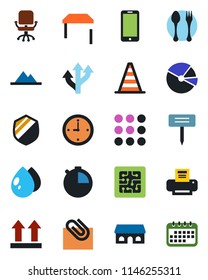 Color and black flat icon set - spoon and fork vector, border cone, mobile phone, office chair, water drop, plant label, route, up side sign, shield, menu, stopwatch, clock, paper clip, pie graph