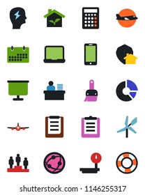 Color and black flat icon set - plane vector, mobile phone, pedestal, brainstorm, circle chart, clipboard, heavy scales, network, themes, calendar, presentation board, manager desk, notebook pc