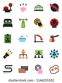 Color and black flat icon set - antenna vector, luggage scales, identity card, hierarchy, crisis graph, brainstorm, greenhouse, drip irrigation, cargo container, microphone, touch screen, torch